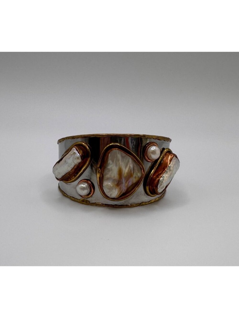 Modernist Baroque Pearl MOP Cuff Bracelet Mixed Metal Artisan Statement Wide